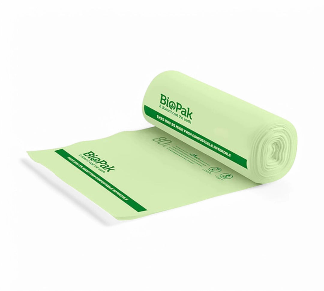 80L biodegradable garbage bags displayed rolled for eco-friendly waste handling and commercial bin lining