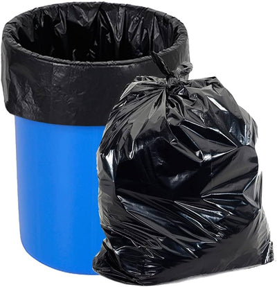  black garbage bags displayed flat or rolled for medium-duty waste disposal in kitchens or office bins