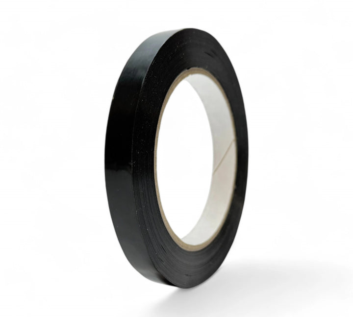 12mm x 66m PP500 black strapping tape displayed in narrow rolls for cable bundling or lightweight product fastening