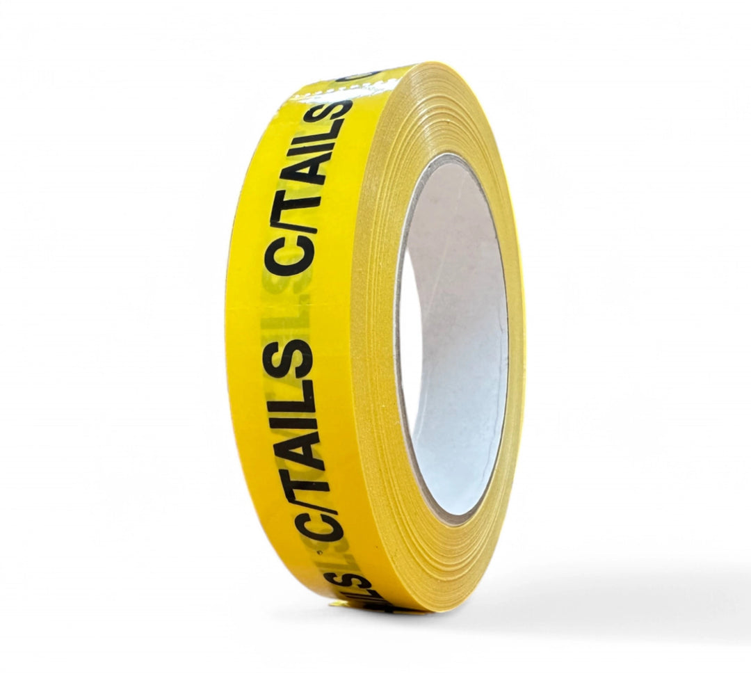 C/TAILS Rip A Sticker 24mm x 50mm black on bright yellow shown in high contrast for product labelling and carton ID