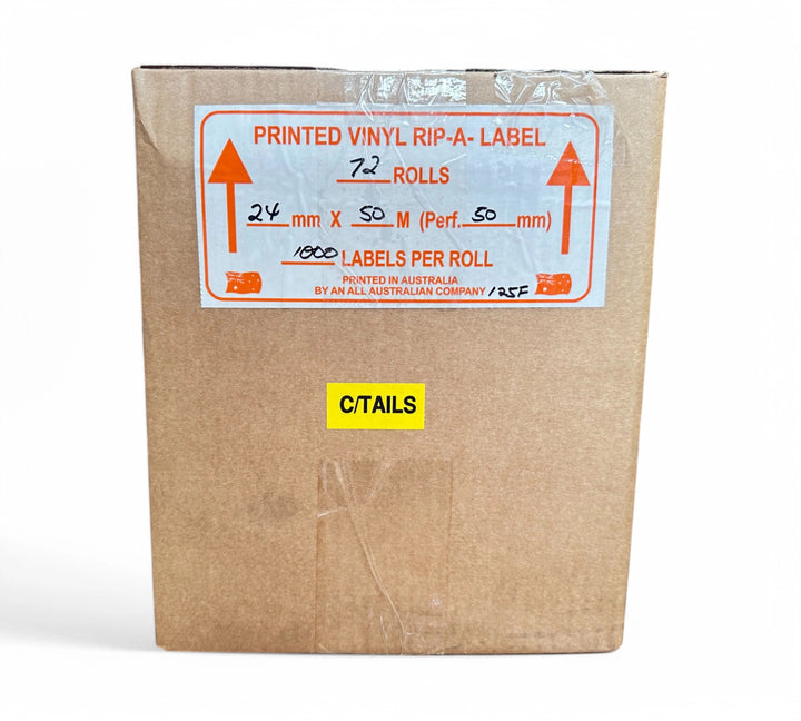 C/TAILS Rip A Sticker 24mm x 50mm black on bright yellow displayed for warning labels or handling instructions