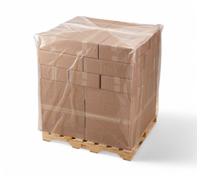Clear UV pallet bags 1300 x 1195 x 1245mm x 150um shown in rolls for sun protection and long-term outdoor pallet coverage