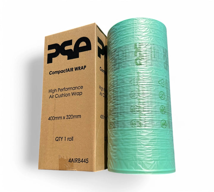 CompactAIR WRAP 400mm x 320mm x 450m roll in green film, not inflated, standing upright next to labelled brown carton with PSA branding