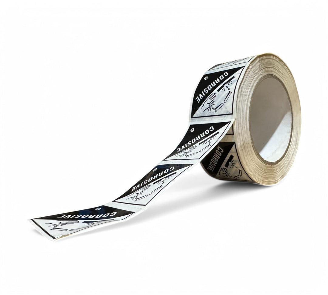 Corrosive 8 Rip A Label 48mm x 50mm black on white displayed for container labelling with dangerous goods class