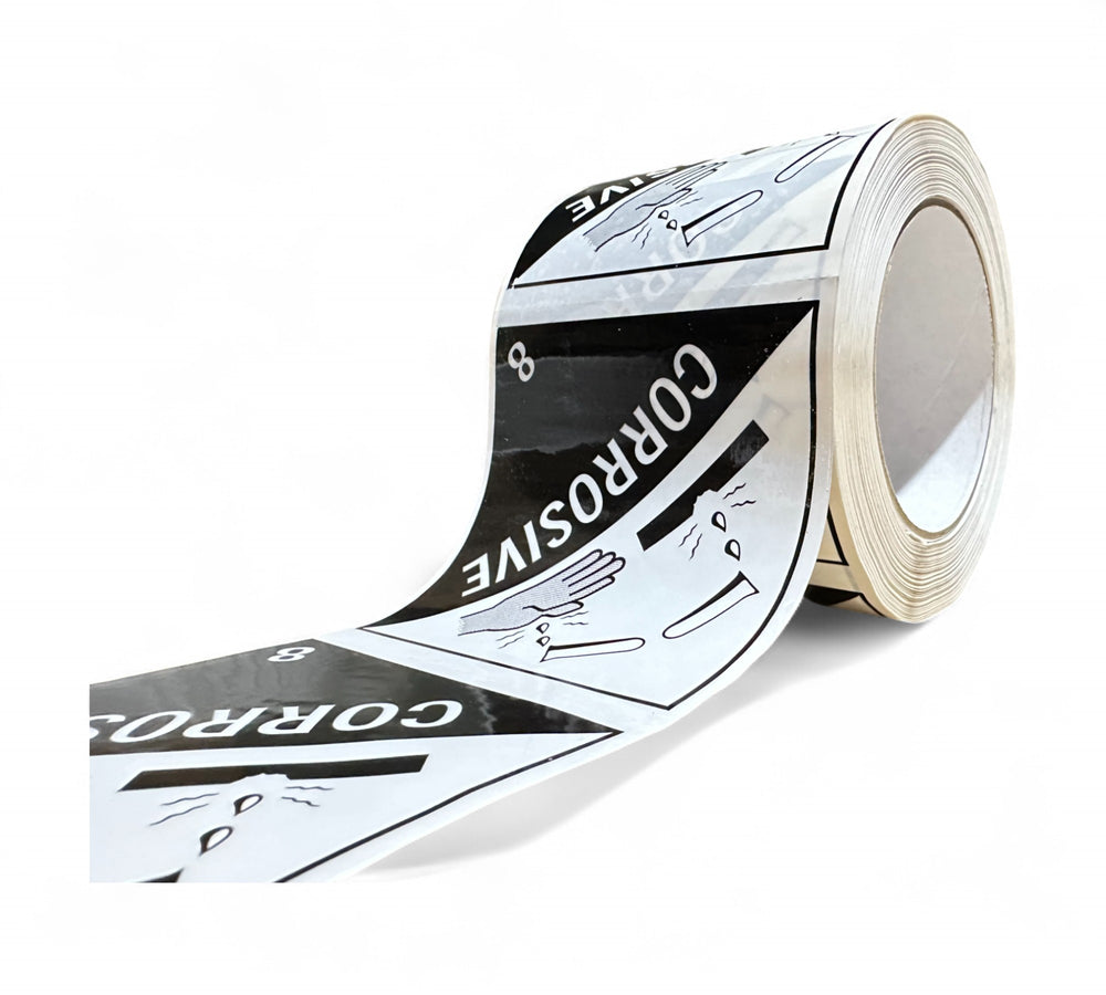 Corrosive 8 Rip A Label 96 x 100mm x 50m black on white shown bold for visible labelling in storage and transport
