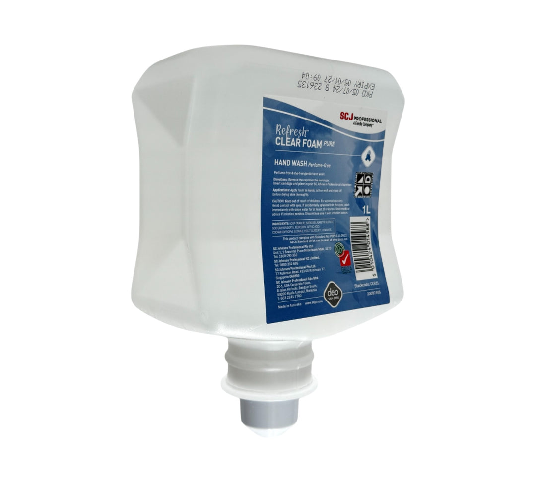 Deb Refresh Clear foam hand wash 1L displayed for everyday use in shared hygiene spaces or washrooms