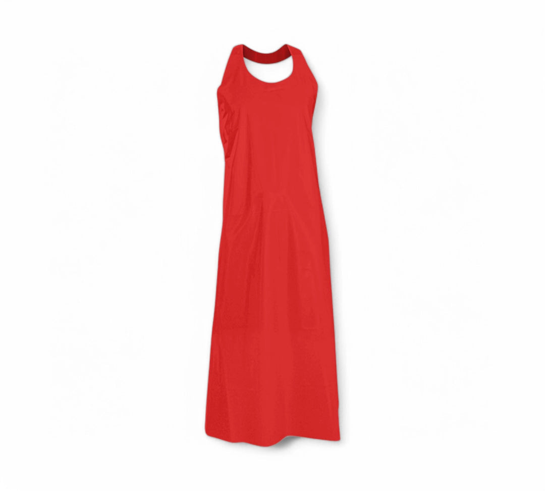 Red TPU apron displayed hanging for heavy duty waterproof protection in meat processing or cleaning environments