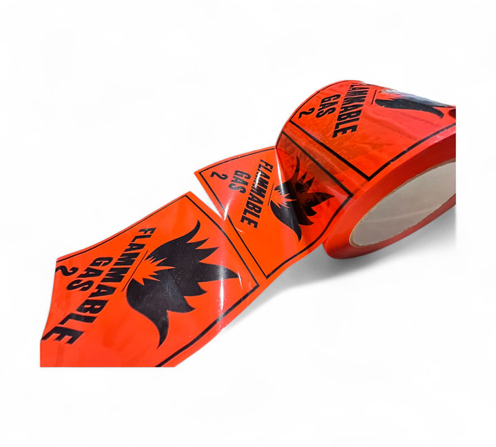 Flammable Gas 2 Rip A Label 96 x 100mm black on red shown stacked for regulatory carton or drum labelling