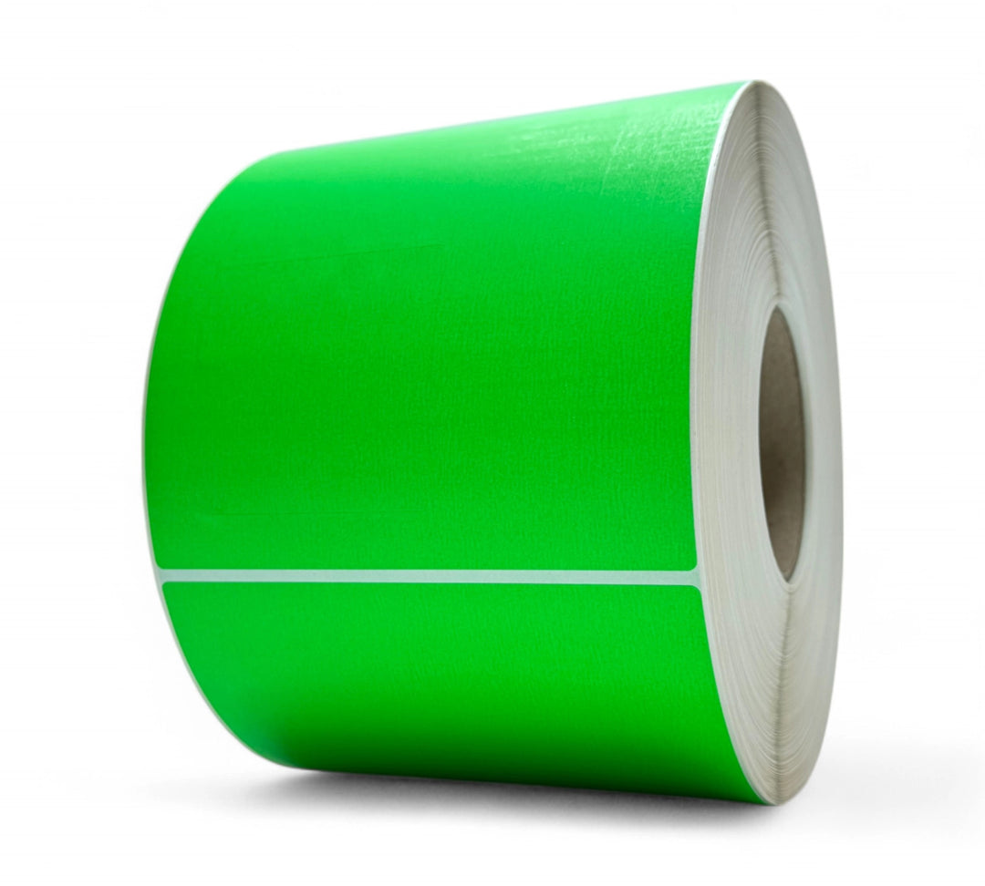 Fluro green thermal transfer labels 150 x 200mm matte finish displayed with strong contrast for industrial labelling