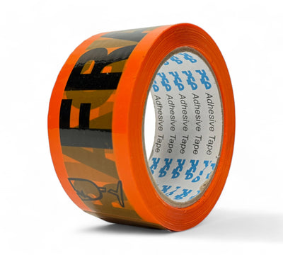 Fluro orange 48mm x 66m FRAGILE tape rolls displayed with bold print for warning labels and shipment handling