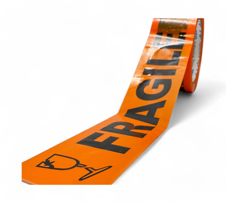 Fluoro orange FRAGILE warning tape roll with glass symbol, ideal for labelling delicate cartons and shipping boxes