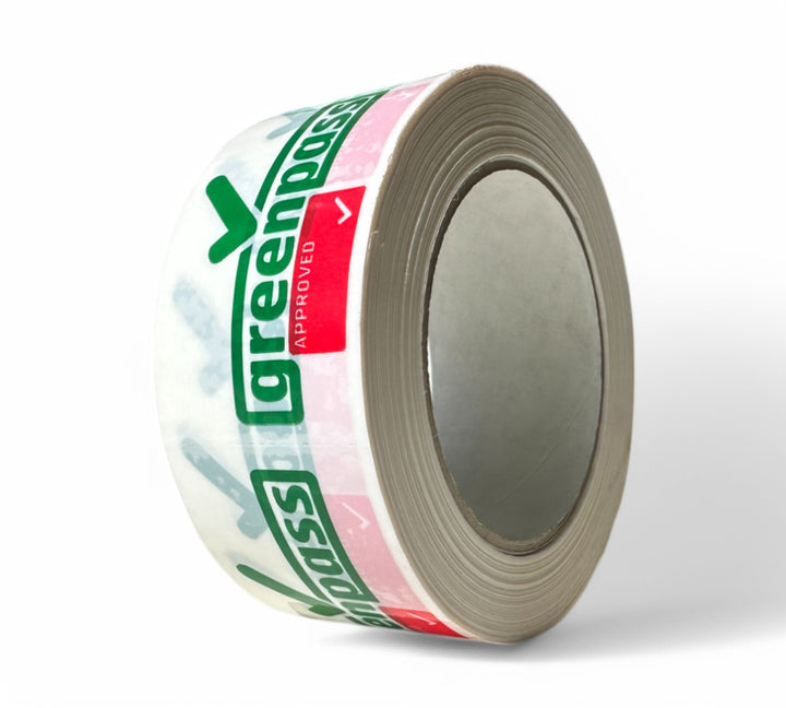 Greenpass Approved Rip A Sticker 48mm x 84mm green and red on white displayed rolled for compliant freight or quarantine clearance