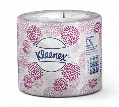 Kleenex 4375 deluxe toilet tissue 2 ply 400 sheet shown in retail pack for washroom refill in commercial restrooms