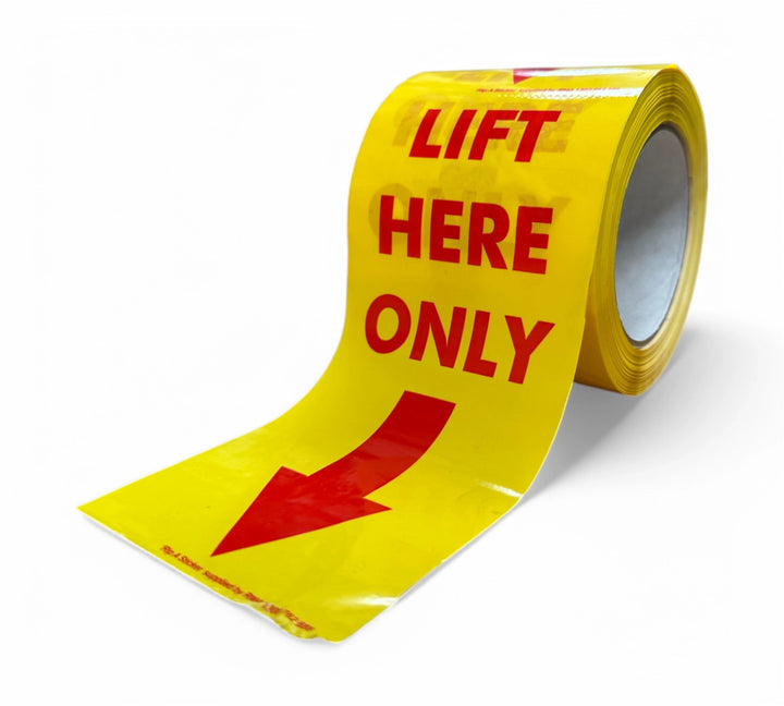 LIFT HERE ONLY Rip A Sticker 96mm x 200mm red on yellow displayed with bold messaging for warehouse and freight teams