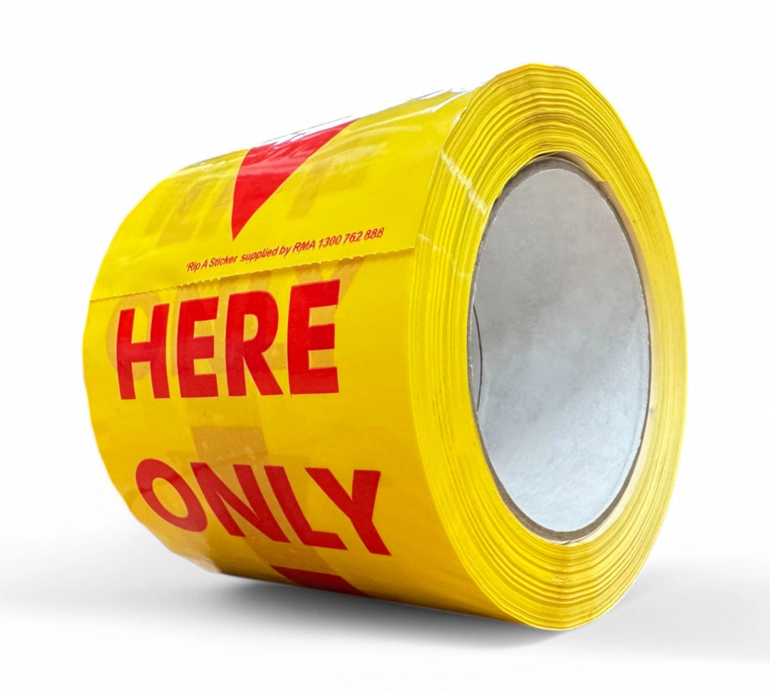 LIFT HERE ONLY Rip A Sticker 96mm x 200mm red on yellow shown for clear lifting instructions on heavy or fragile cartons