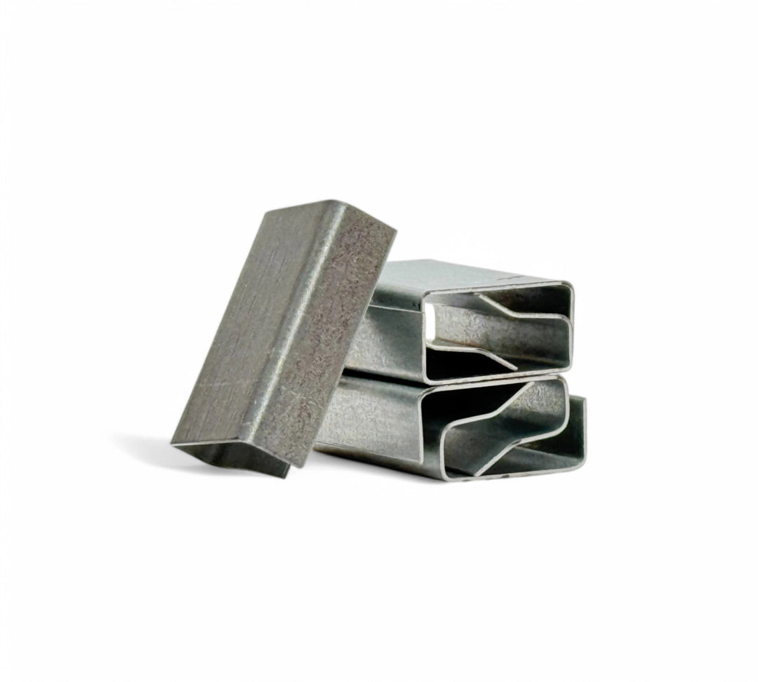 PNSC metal seals shown boxed for reliable closure of tensioned PET or composite strapping