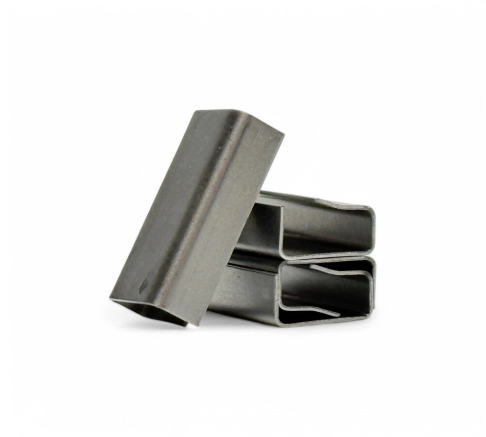 Open metal seals 15mm shown for manual strapping applications using tensioners and sealers