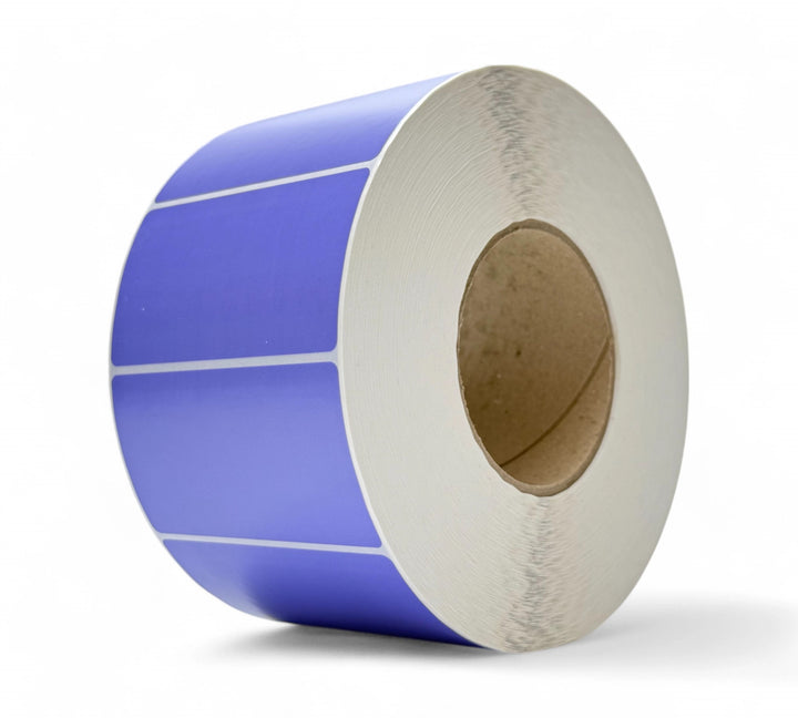 Purple 94 x 51mm thermal transfer label rolls used for stock colour coding and warehouse identification