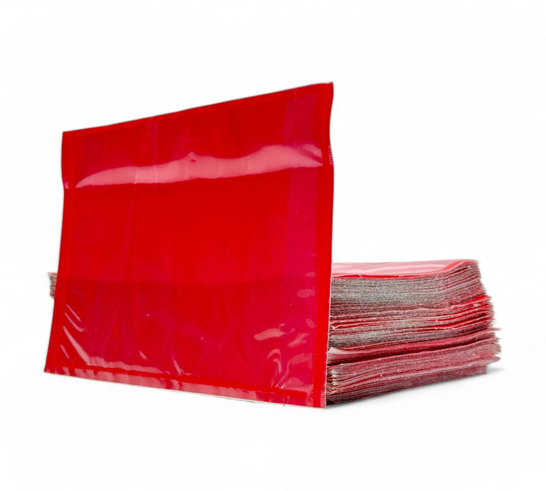 115 x 165mm red plain adhesive envelopes used for paperwork protection in delivery and warehouse settings