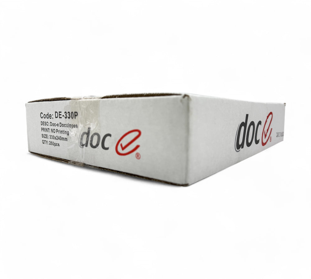 Box of 250 white self-adhesive plain envelopes, 240 x 330mm, showing branded packaging and product details on label
