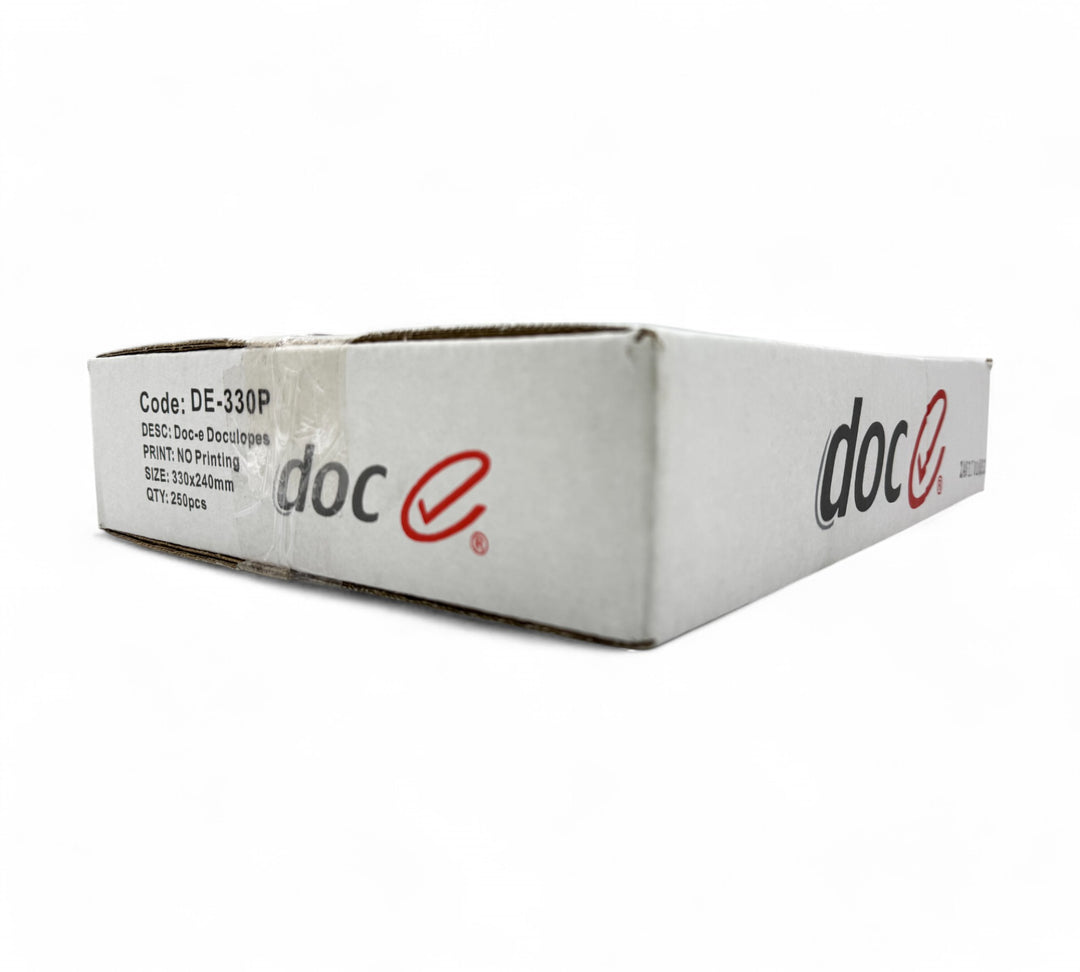 Box of 250 white self-adhesive plain envelopes, 240 x 330mm, showing branded packaging and product details on label