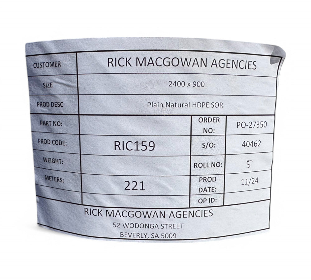 Product label for tuna sheets showing roll dimensions of 2400mm x 900mm, product code RIC159, and roll length of 221 meters, with Rick Macgowan Agencies branding visible on a crinkled label