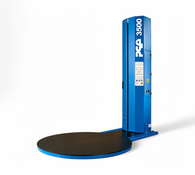 PSE 3500 vertical stretch wrapping machine with blue steel frame and black turntable for pallet wrapping