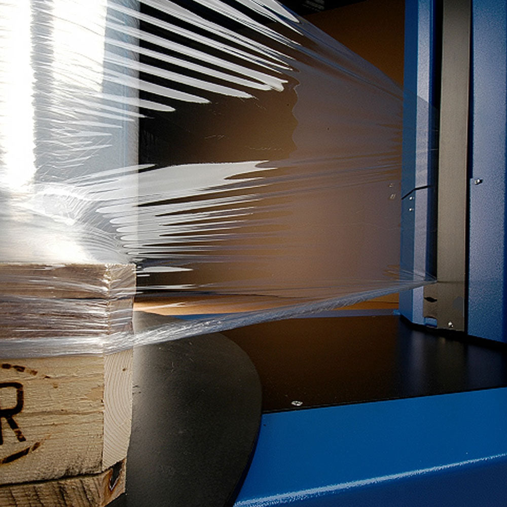 PSE 2500 stretch wrapper applying high-tension film with strong holding force around pallet base for maximum stability