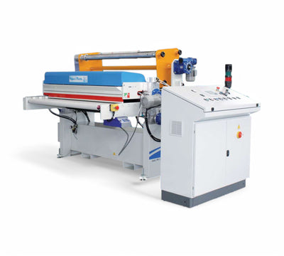 Vigano Mario PR 1300 AR dual-sided automatic protective film applicator for top and bottom surface lamination with precision overhang cutting from 5mm to 30mm