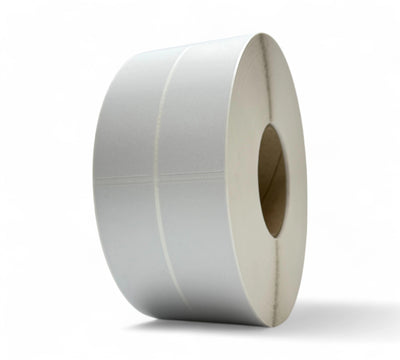 White 40 x 140mm direct thermal labels in double-wide rolls for clean barcode printing and inventory control