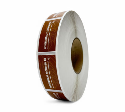 Wholemeal Flour 90:10 2kg labels in 34 x 64mm rolls with multi-colour printing designed for bakery and flour packaging